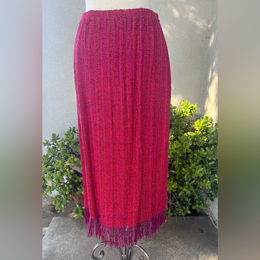 Vtg boho knit skirt red purple S/P fringe hand woven by Zonda Nellis - Picture 7 of 8